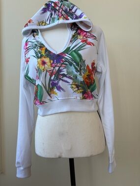 White Floral V-Neck Hooded Crop Sweatshirt - Size L